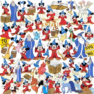 Puede incluir: Una colección de 70 imágenes prediseñadas con Mickey Mouse con un atuendo de hechicero, junto con otros personajes y elementos de la película Fantasía. Las imágenes incluyen a Mickey Mouse con una túnica roja y un sombrero de mago azul.