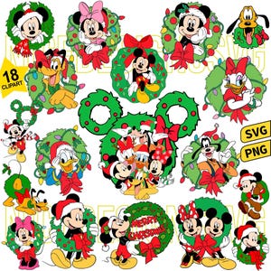 Könnte beinhalten: Eine Sammlung von 18 weihnachtlichen Clipart-Bildern mit Disney-Charakteren. Micky Maus, Minnie Maus, Donald Duck, Goofy und Pluto sind mit Weihnachtsmützen und Kränzen mit roten Schleifen und Lichterketten dargestellt. Enthält SVG- und PNG-Dateien.
