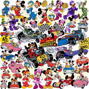 May include: A vibrant digital illustration featuring numerous cartoon characters, including Mickey Mouse, Minnie Mouse, Donald Duck, and Goofy, in race cars. The image includes the text "Mickey and the Roadster Racers" and "45 Clipart".