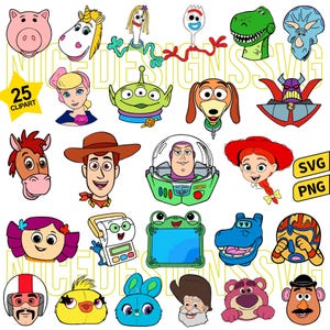 Puede incluir: Una colección de 25 coloridas ilustraciones de personajes de dibujos animados con varios rostros y figuras de la franquicia Toy Story, incluidos Woody, Buzz Lightyear y Jessie, dispuestos en una cuadrícula con los textos 25 CLIPART, SVG y PNG.