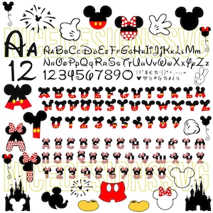 Può includere: Una collezione di lettere dell'alfabeto, numeri e grafica di personaggi a tema cartone animato in nero, rosso e giallo. Include disegni di Mickey e Minnie Mouse, mani e sagome di castelli. Le lettere e i numeri sono in vari stili.