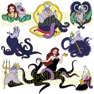 Puede incluir: Una colecci&oacute;n de ilustraciones de dibujos animados con &Uacute;rsula, la bruja del mar, en varias poses. Las im&aacute;genes la muestran con tent&aacute;culos, sosteniendo un tridente y en una concha. La paleta de colores incluye morado, negro y dorado.