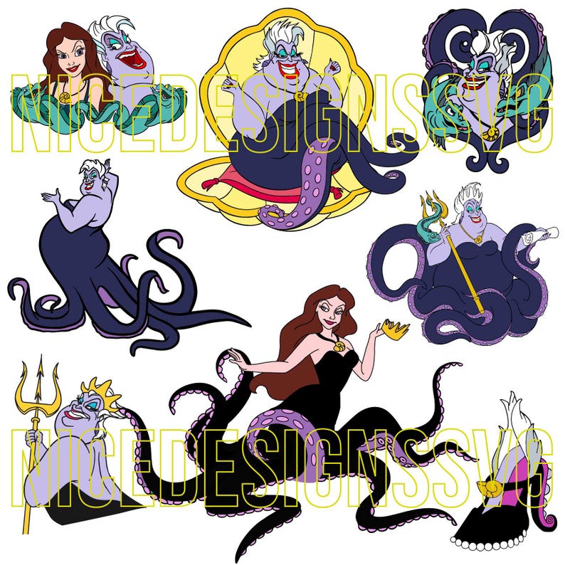 Puede incluir: Una colecci&oacute;n de ilustraciones de dibujos animados con &Uacute;rsula, la bruja del mar, en varias poses. Las im&aacute;genes la muestran con tent&aacute;culos, sosteniendo un tridente y en una concha. La paleta de colores incluye morado, negro y dorado.