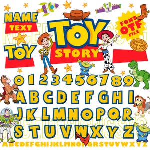 May include: A digital design featuring the words "TOY STORY" in yellow and blue, along with the alphabet, numbers, and character illustrations. The design includes the text "NAME TEXT" and "FONT OTF FILE".