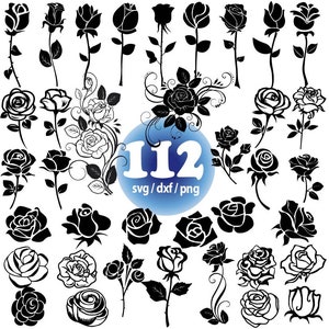 May include: A collection of 112 black and white rose silhouette SVG cut files. The roses are in various styles and sizes, perfect for crafting and design projects.