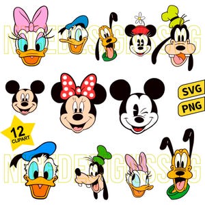 Può includere: Una collezione di facce di personaggi dei cartoni animati, tra cui Topolino, Minnie, Paperino, Paperina, Pippo e Pluto. I personaggi sono in una varietà di pose ed espressioni, con colori vivaci e contorni audaci. L'immagine include anche il testo "12 CLIPART", "SVG" e "PNG".