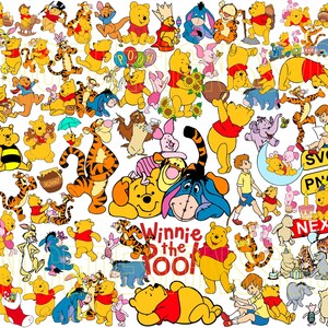 May include: A colourful collection of Winnie the Pooh and Tigger cartoon characters. The characters are in various poses and include Winnie the Pooh, Tigger, Piglet, Eeyore, and Kanga. The image also includes the text "Winnie the Pooh" and "SVG PNG".