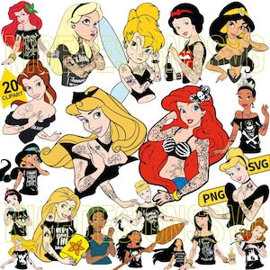 Puede incluir: Un conjunto de imágenes prediseñadas digitales con 20 ilustraciones de princesas de Disney con tatuajes. Cada princesa se representa en una pose única, con varios diseños de tatuajes en sus brazos y cuerpo. Las princesas llevan tops negros.