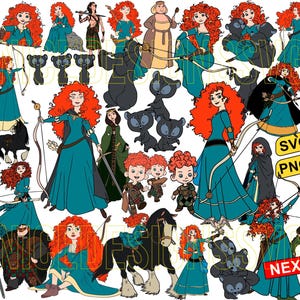 Puede incluir: Un conjunto de clipart digital con varias ilustraciones de una niña pelirroja con arco y flecha, un oso y otros personajes. El conjunto incluye los formatos de archivo SVG y PNG.