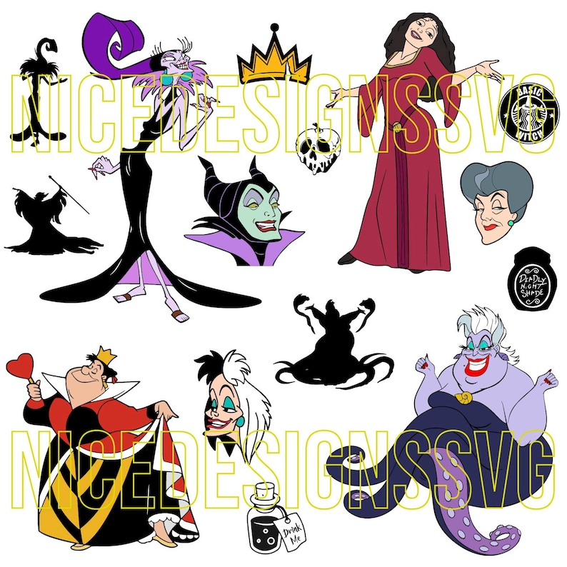 May include: A collection of cartoon illustrations featuring various Disney villains. The images include Ursula, the Evil Queen, Maleficent, and others, in a variety of poses and styles. A crown, poison apple, and potion bottle are also included.