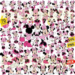 Puede incluir: Una colección de 70 imágenes prediseñadas de Minnie Mouse en varias poses y atuendos. Las imágenes presentan a Minnie Mouse con su vestido de lunares rosa y blanco y su lazo característicos. Incluye formatos de archivo SVG y PNG.