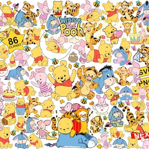 May include: A collection of 86 Winnie the Pooh and Tigger clipart images. The images feature various characters from the Winnie the Pooh franchise, including Winnie the Pooh, Tigger, Piglet, Eeyore, and Owl. The images are in a variety of poses and expressions, and they are perfect for use in crafts, scrapbooking, and other creative projects.