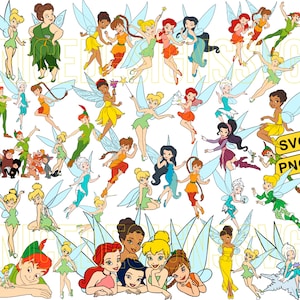 May include: A colourful digital clipart set featuring fairies, a pixie, and Peter Pan. The fairies are depicted in various poses with wings and wands. The set includes a variety of colours, including pink, blue, green, yellow, and purple.