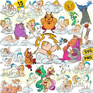 Puede incluir: Una colección de 15 imágenes prediseñadas de dibujos animados con personajes de una popular película de animación. Las imágenes incluyen figuras querubinas, caballos alados y varias criaturas míticas, todo sobre un fondo de nubes. La paleta de colores es vibrante.