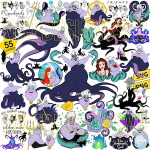 May include: A collection of 55 clipart images featuring the character Ursula from The Little Mermaid. The images include various poses, expressions, and scenes, with text that reads "#Squadgoals", "Chillin", "FRIENDS", "WELL BEHAVED WOMEN seldom make HISTORY", "Poor UNFORTUNATE Soul", "SVG", and "PNG".