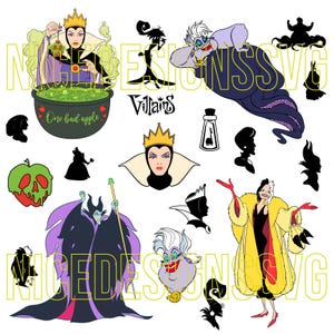May include: A collection of cartoon illustrations featuring various Disney villains. The images include the Evil Queen, Ursula, Maleficent, and Cruella de Vil, along with silhouettes and related elements. The word "Villains" is also present.