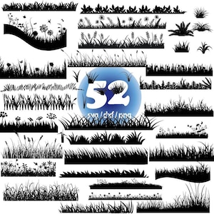 May include: A set of 52 black and white silhouette images of different types of grass and foliage. The images are perfect for use in digital design projects, such as website backgrounds, social media graphics, and print projects.