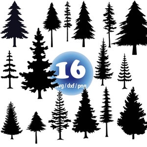Puede incluir: Un conjunto de 16 imágenes en silueta negra de pinos de diferentes tamaños y formas. Las imágenes están sobre un fondo blanco. El texto "16 svg/dxf/png" está en un círculo azul.