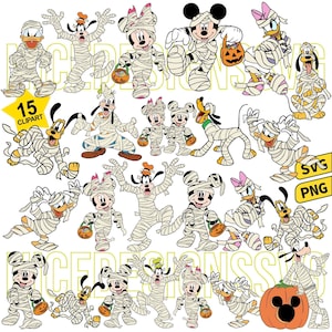 May include: A collection of 15 Halloween-themed clipart images featuring popular cartoon characters dressed as mummies. Characters include Mickey and Minnie Mouse, Donald Duck, Goofy, and Pluto, each wrapped in bandages. A pumpkin with a carved face is also included.