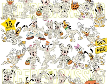 以下が含まれることがあります： ハロウィーンをテーマにした15個のクリップアート画像のコレクション。ミッキーマウスとミニーマウス、ドナルドダック、グーフィー、プルートなど、人気の漫画のキャラクターがミイラとして描かれています。彫刻されたカボチャも含まれています。