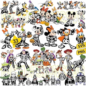 May include: A selection of cartoon characters dressed as skeletons, featuring Mickey Mouse, Donald Duck, and characters from Toy Story and Star Wars. The image includes the text "33 Cliparts", "SVG", and "PNG".