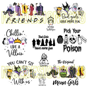 May include: A collection of digital designs featuring cartoon villain characters. The designs include text such as "Friends", "Bad Girls Have More Fun", "Chillin' Like a Villain", and "Pick Your Poison". The images are in black and white with yellow accents.