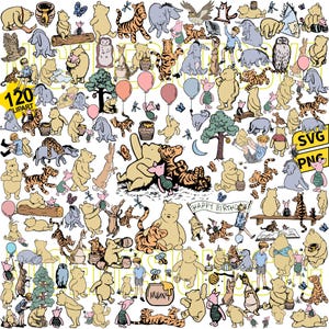 Puede incluir: Una colección de 120 imágenes prediseñadas con Winnie the Pooh y sus amigos. Las ilustraciones incluyen personajes como Pooh, Tigger, Piglet y Eeyore, junto con globos, tarros de miel y otros elementos relacionados. Las imágenes están en formatos SVG y PNG.