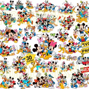 Puede incluir: Un conjunto de 30 imágenes de clipart de personajes de dibujos animados coloridos con Mickey Mouse, Minnie Mouse, Donald Duck, Goofy, Pluto y otros personajes de Disney. Las imágenes están en una variedad de poses y expresiones, y son perfectas para usar en manualidades, scrapbooking y otros proyectos creativos.
