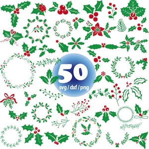 May include: A set of 50 SVG, DXF, and PNG digital files featuring holly leaves, berries, and wreaths in green and red. The files are perfect for creating Christmas crafts, decorations, and designs.