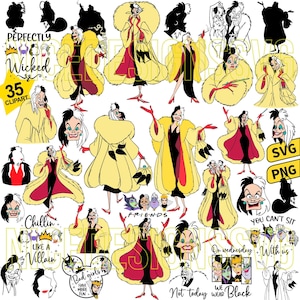 May include: A collection of Cruella De Vil-themed clipart images. The illustrations feature Cruella in various poses, wearing a yellow fur coat with a red lining and a black dress. Text includes "Perfectly Wicked", "Chillin like a Villain", and "Bad girls have more fun".
