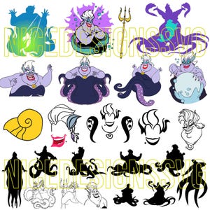 Puede incluir: Una colecci&oacute;n de dise&ntilde;os de arte digital con el tema de &Uacute;rsula la bruja del mar. Las im&aacute;genes incluyen varias ilustraciones de &Uacute;rsula en diferentes poses, una concha dorada y siluetas. La paleta de colores presenta tonos de morado, negro y dorado.