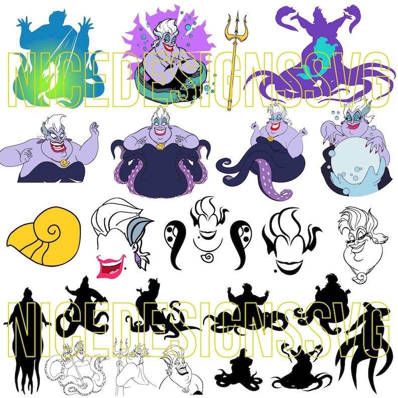 Puede incluir: Una colecci&oacute;n de dise&ntilde;os de arte digital con el tema de &Uacute;rsula la bruja del mar. Las im&aacute;genes incluyen varias ilustraciones de &Uacute;rsula en diferentes poses, una concha dorada y siluetas. La paleta de colores presenta tonos de morado, negro y dorado.
