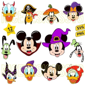 May include: A set of 12 Halloween-themed clipart images featuring cartoon characters in costume. The images include Donald Duck, Goofy, Mickey and Minnie Mouse, and others. The clipart is available in SVG and PNG formats, perfect for seasonal projects.