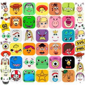 Puede incluir: Una colección de 60 iconos digitales de personajes coloridos con varios rostros de dibujos animados, animales y objetos. La cuadrícula incluye diversas expresiones y formas, con los textos 60 CLIPART, SVG y PNG visibles en los lados.