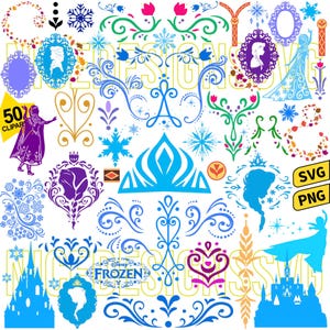 Peut inclure: Une collection d'éléments de design numérique sur le thème de l'hiver. Comprend des flocons de neige, des couronnes, des silhouettes de châteaux et des portraits stylisés dans des tons de bleu, de violet et d'or. Le texte "FROZEN" est également visible.