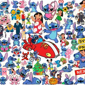 Puede incluir: Un conjunto de clipart digital colorido con una variedad de personajes azules Stitch de la película de Disney Lilo & Stitch. El conjunto incluye a Stitch en varias poses, incluyendo volar en una nave espacial roja, usando un gorro de Papá Noel y sosteniendo un corazón. El conjunto también incluye otros personajes de la película, como Lilo, Jumba y Pleakley. El conjunto es perfecto para crear manualidades, scrapbooking y otros proyectos creativos.  SVG PNG