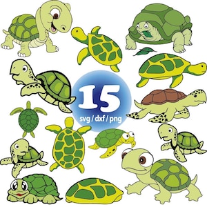 May include: A set of 15 cartoon turtle illustrations in various poses, including swimming, walking, and resting. The turtles are green, brown, and yellow with black accents. The illustrations are perfect for crafting projects, scrapbooking, and digital design.