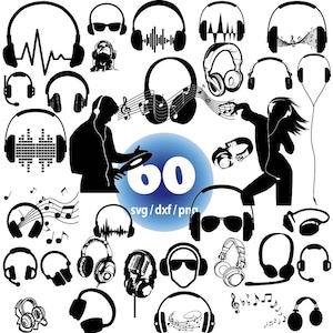 Puede incluir: Una colección de 60 ilustraciones vectoriales en blanco y negro de auriculares, notas musicales y una silueta de DJ. El texto "svg/dxf/png" también está incluido en la imagen.