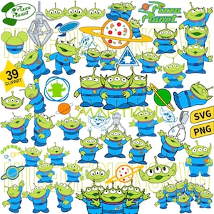 May include: A collection of 39 digital clipart illustrations featuring green three-eyed aliens in blue space suits, Pizza Planet logos, claw machines, and planets. The graphics include various poses of the characters, text labels, and SVG and PNG icons.