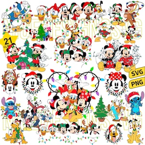 May include: A collection of 21 Christmas-themed clip art images featuring various Disney characters. The images include Mickey Mouse, Minnie Mouse, Donald Duck, Goofy, and others, all wearing Santa hats and surrounded by Christmas lights and trees. Includes SVG and PNG files.