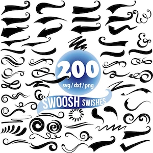Può includere: Una collezione di 200 elementi di design a forma di swoosh e vortice in bianco e nero. I design sono perfetti per aggiungere un tocco decorativo ai tuoi progetti. Il testo "200 svg/dxf/png" e "SWOOSH SWISHES" è incluso nell'immagine.