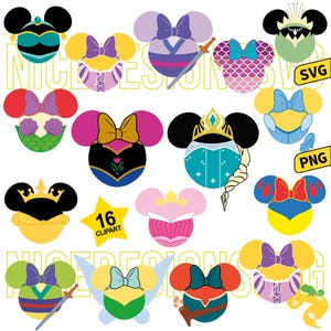 Puede incluir: Una colección de 16 diseños de orejas de ratón con temática de Disney en varios colores. Cada diseño presenta una silueta de oreja de ratón con elementos inspirados en personajes de Disney, incluidas princesas y villanos. Incluye formatos de archivo SVG y PNG.