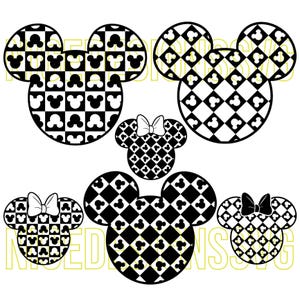 Puede incluir: Siluetas en blanco y negro de cabezas de Mickey Mouse y Minnie Mouse con varios patrones, incluyendo diseños de tablero de ajedrez y diamantes. Algunos diseños incluyen un lazo. La imagen es un diseño gráfico.