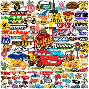 Könnte beinhalten: Eine Sammlung farbenfroher Grafiken und Logos zum Film Cars. Enthält Lightning McQueen, Route 66 Schilder und verschiedene Automobil-Designs. Perfekt für Fans des Animationsfilms.