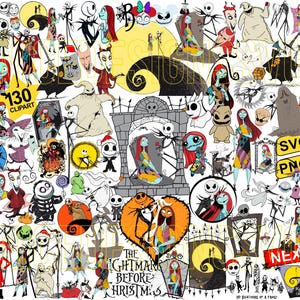 Puede incluir: Una colección de 130 imágenes de clipart digital con personajes de la película Pesadilla antes de Navidad. Las imágenes incluyen a Jack Skellington, Sally, Oogie Boogie y otros personajes de la película. El clipart está disponible en formatos SVG y PNG.