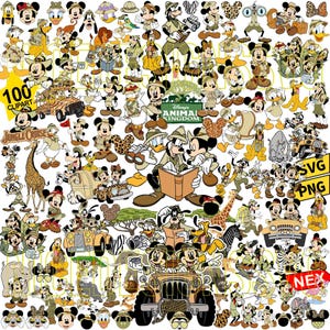 Può includere: Una collezione di 100 immagini clipart con Topolino e i suoi amici in tenute a tema safari. Le immagini includono varie pose, veicoli e animali, con testo che recita "Animal Kingdom", "Jungle Cruise", "SVG" e "PNG".