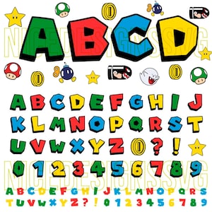 May include: A colorful alphabet and number set in a video game style. The letters and numbers are in various colors, including green, red, blue, and yellow, with black outlines. The image also includes character icons like stars, coins, and mushrooms.