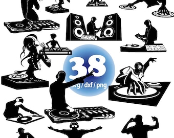 May include: A set of 38 black and white silhouette illustrations of DJs mixing music on turntables. The DJs are in various poses, some are wearing headphones, and some are holding microphones. The illustrations are perfect for use in digital or print projects.