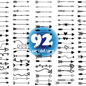 Puede incluir: Un conjunto de 92 gráficos de flechas en blanco y negro en varios estilos, incluyendo simples, curvos y decorados con corazones. Las flechas son perfectas para usar en proyectos de diseño digital, manualidades y scrapbooking.