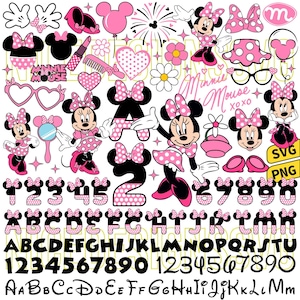 May include: A collection of Minnie Mouse themed digital graphics in pink, black, and white. Includes Minnie Mouse characters, bows, numbers, letters, and accessories like sunglasses and a compact mirror. The image also contains the words "Minnie Mouse" and "SVG PNG".